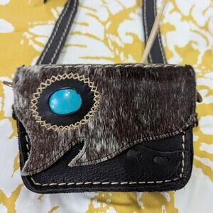 Cowhide Rodeo Western Turquoise Stone Mini Crossbody Small Purse